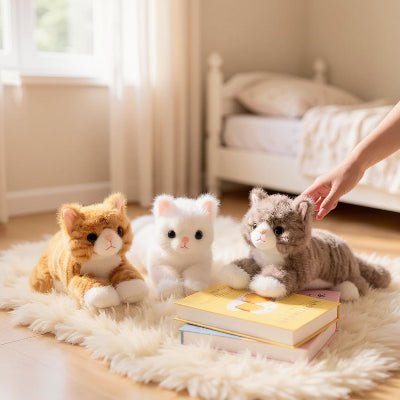 trois-peluche-chat-realiste-sur-tapisde-chambre