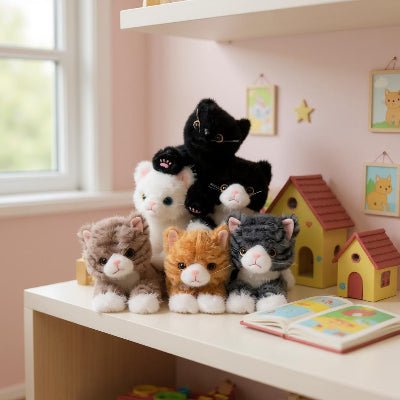 six-peluche-de-chat-realiste-sur-une-table-de-jeu