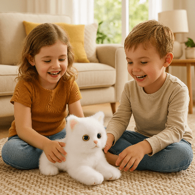 un-garcon-et-une-fille-qui-samuse-avec-leur-chat-blanc