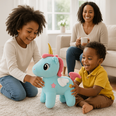 enfant-noir-qui-joue-avec-sa-licorne-bleu