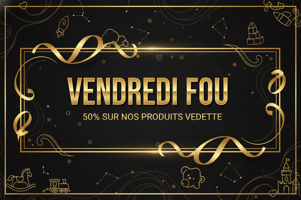 Bannière pour le vendredi fou . Noir et or écrit vendredi fou 50% sur nos produit vedette 