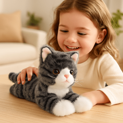 chat-gris-peluche-avec-un-enfant-qui-samuse