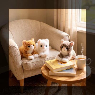 trois-chat-peluche-realiste-dans-le-salon