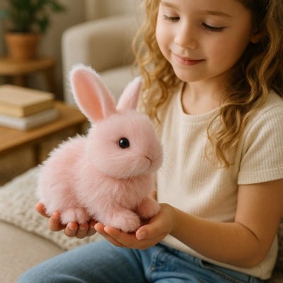 lapin-realiste-modele-rose-dans-les-main-dune-petite-fille
