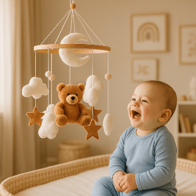 bebe-garcon-assis-dans-sont-lit-heureux-de-regarder-sont-mobile-ourson