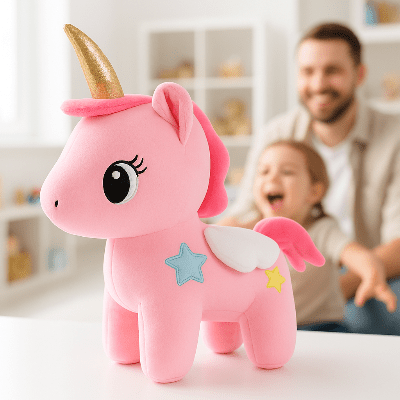 petite-fille-qui-regarde-sa-peluche-licorne-assis-sur-papa