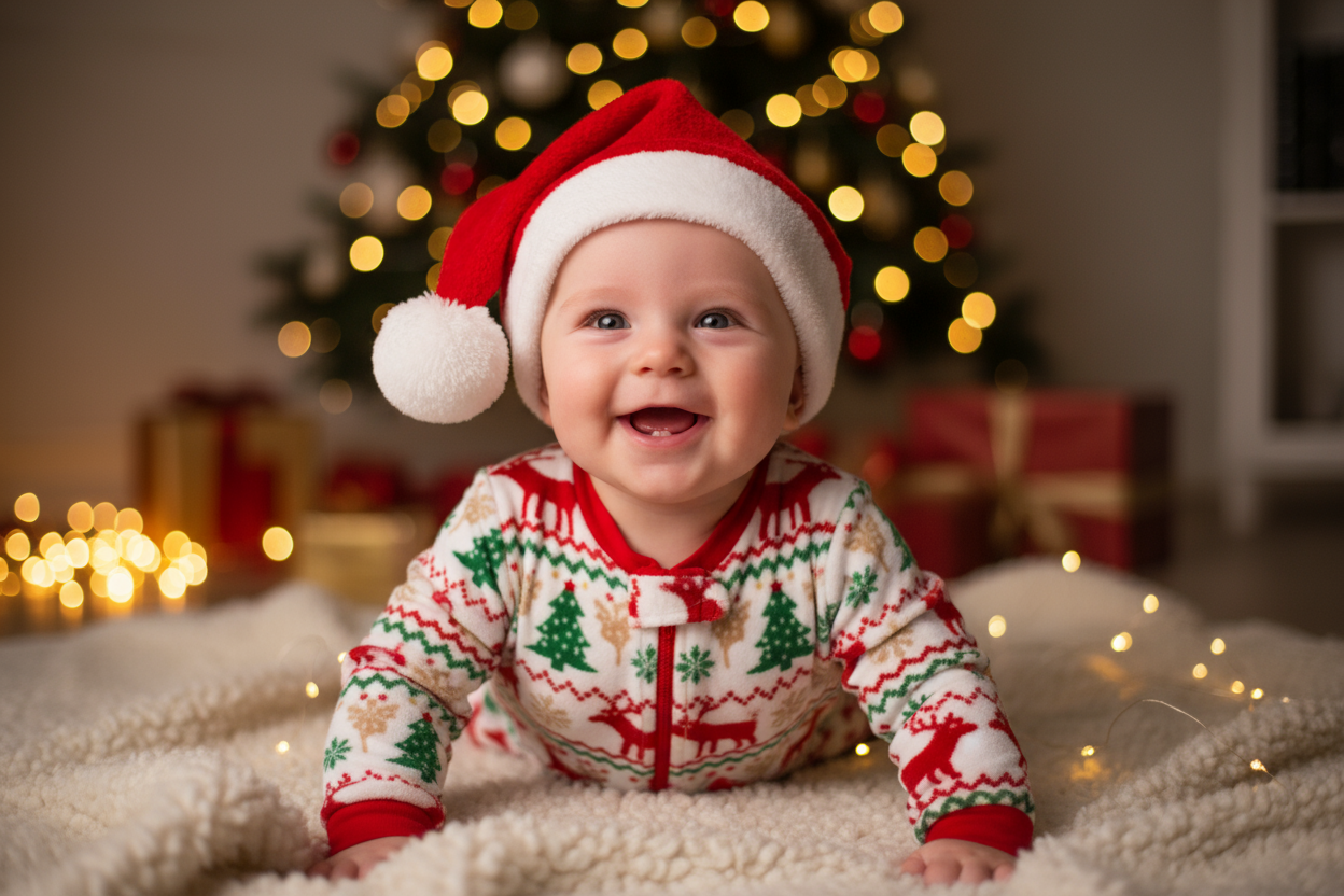 UN BÉBÉ DE 6 MOIS AVEC UNE TUQUE DE NOEL ET UN PIJAMA DE NOEL